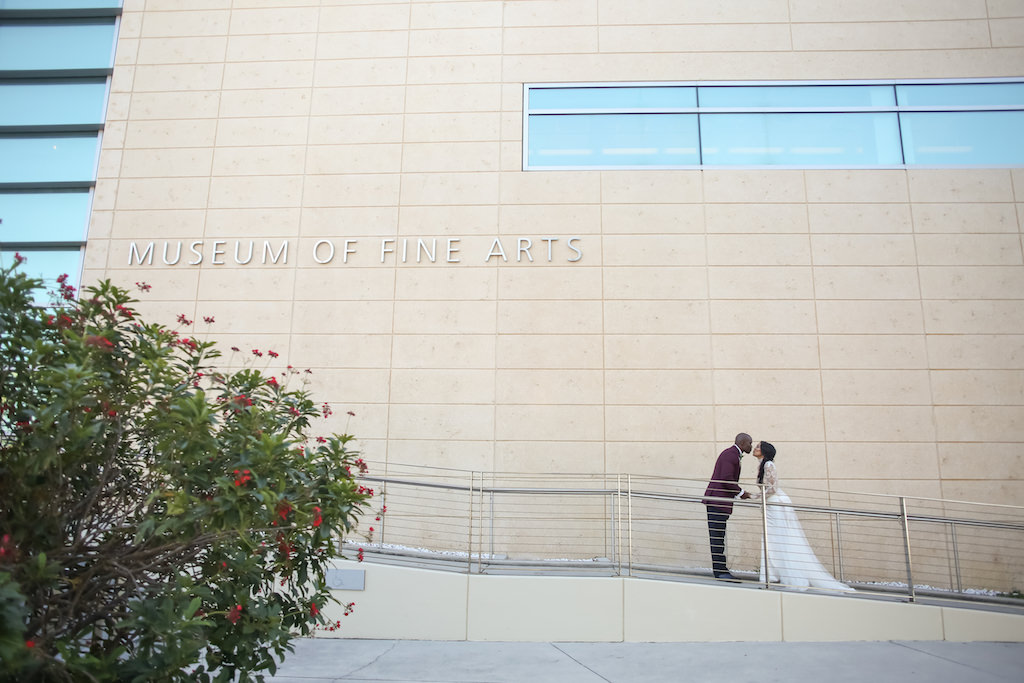 Outside Bride and Groom Portrait in Front of St. Petersburg Venue Museum of Fine Arts | Tampa Bay Photographer Lifelong Photography Studios