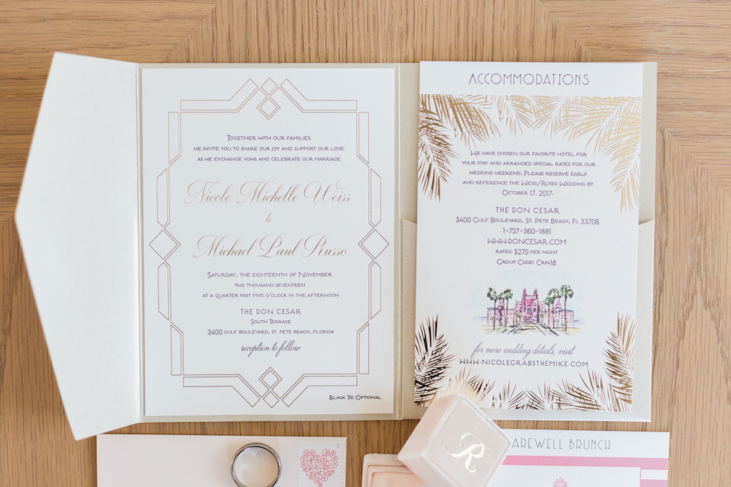Pink, White and Gold Art Deco Letterpress Wedding Invitation Suite | St. Petersburg Stationery Designer and Printer A&P Designs