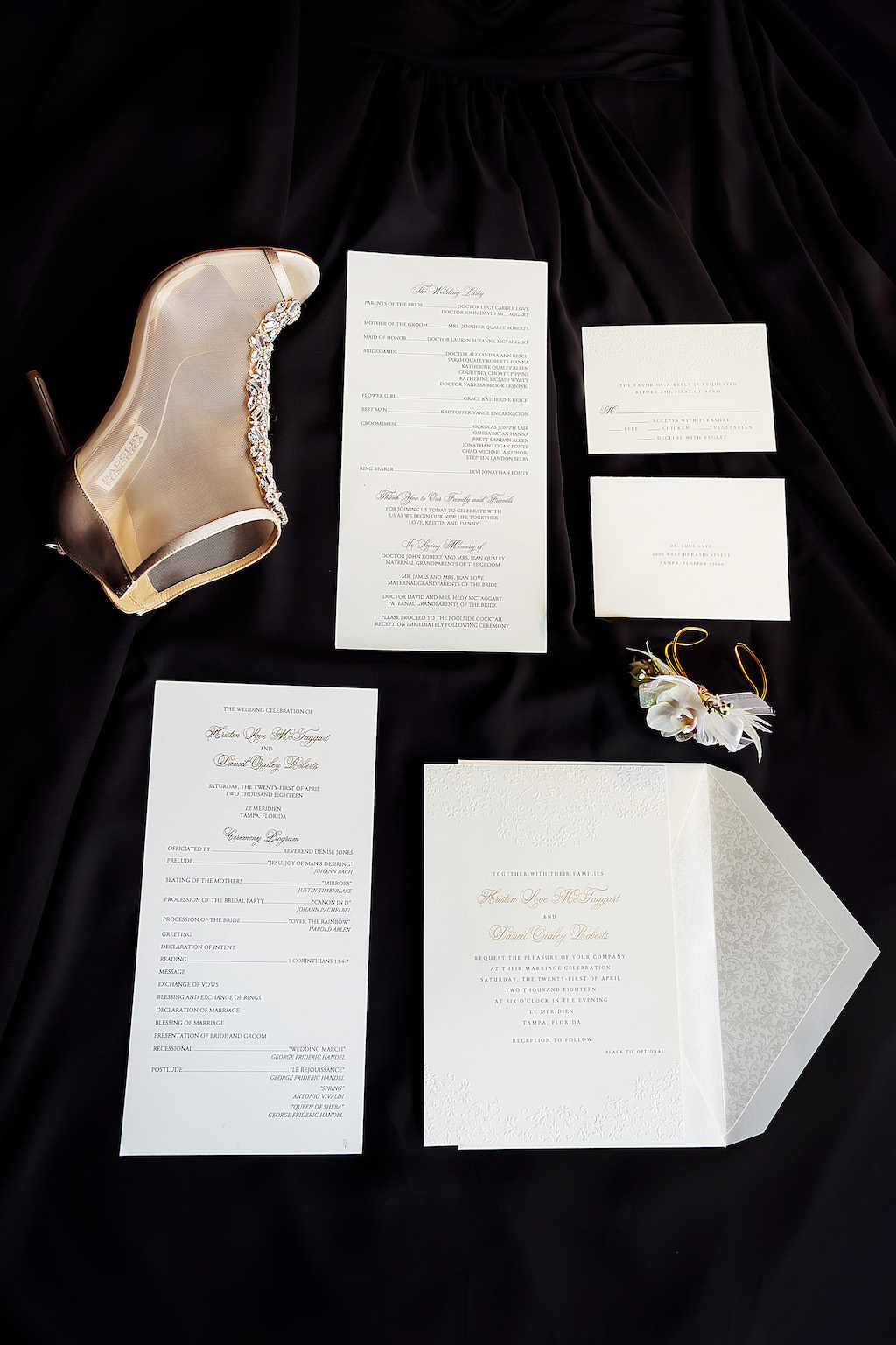 Elegant Modern Wedding Invitation Suite, Badgley Mischka Mesh Bootie Peep Toe Wedding Shoes with Rhinestones