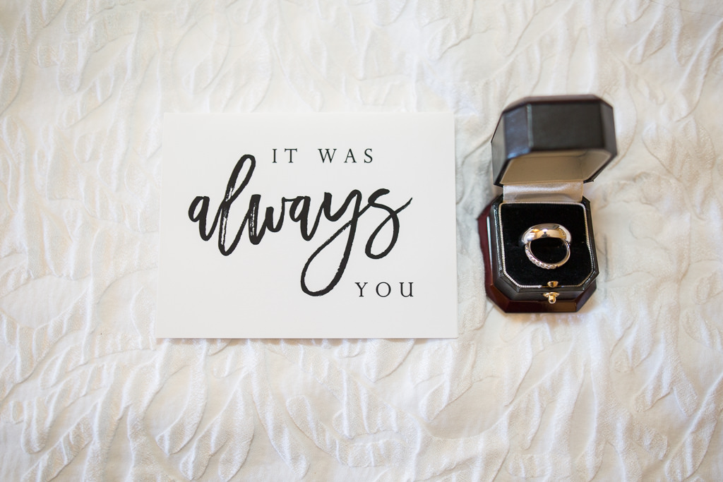 White Wedding Card with Black Font and Wedding Rings in Ring Box