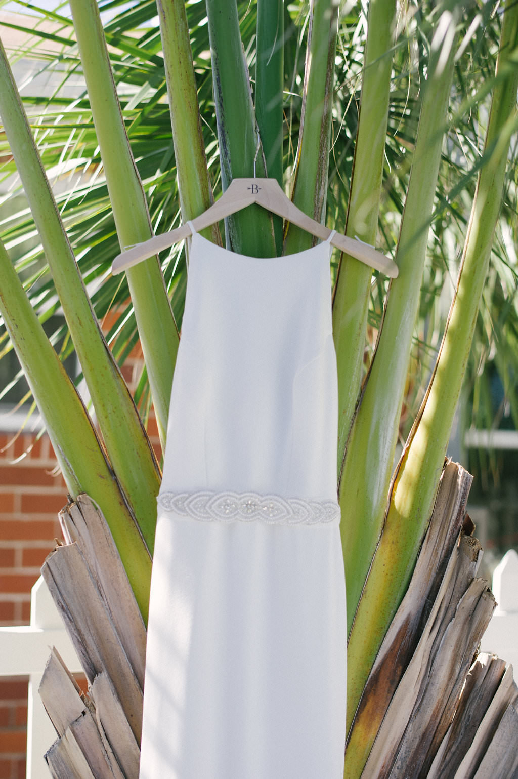 White Sleek High Neckline Spaghetti Strap Wedding Dress with Rhinestone Belt