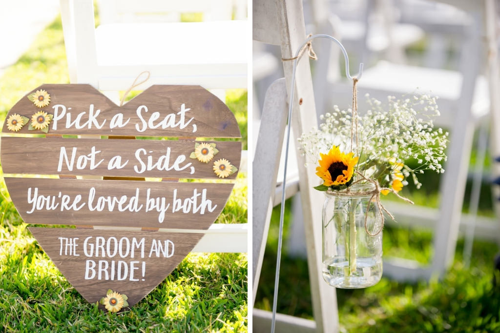 Rustic Outdoor Wedding Ceremony Decor, White Folding Chairs with Hanging Mason Jars, Yellow Sunflowers and Baby's Breathe Florals, Custom Wooden Heart Wedding Sign | Tampa Bay Photographer Andi Diamond Photography