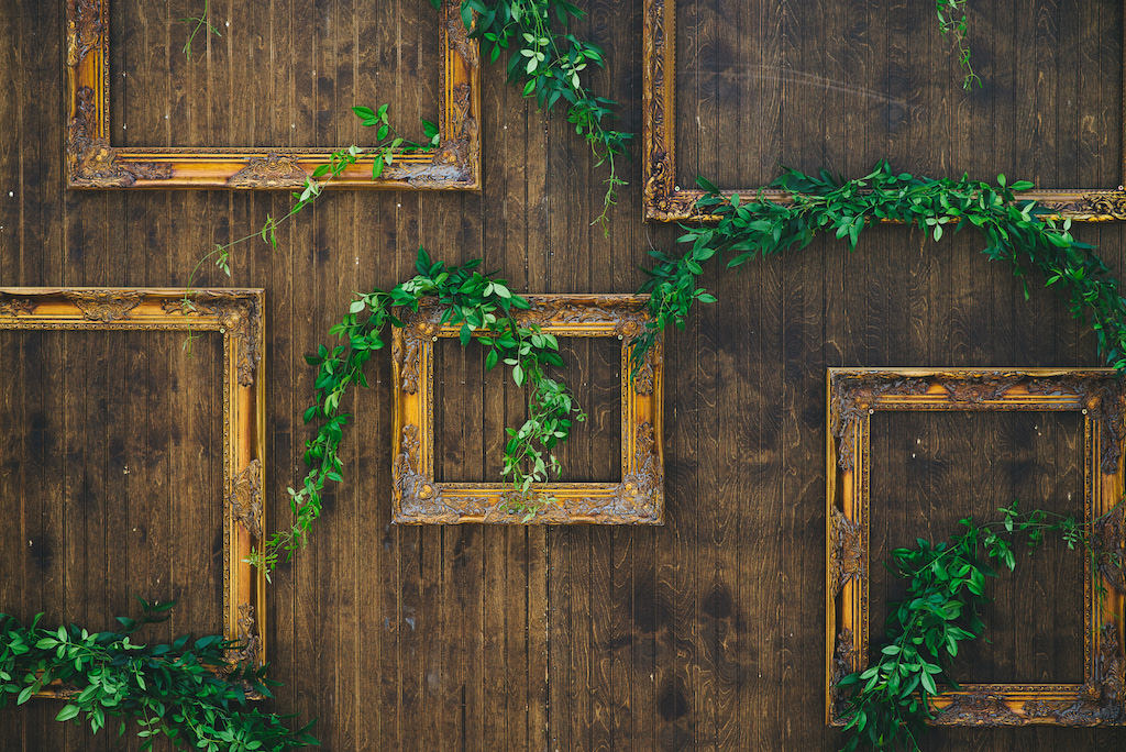 Modern Vintage Wedding Ceremony Decor, Two Tall Wooden Doors with Vintage Gold Frames and Greenery