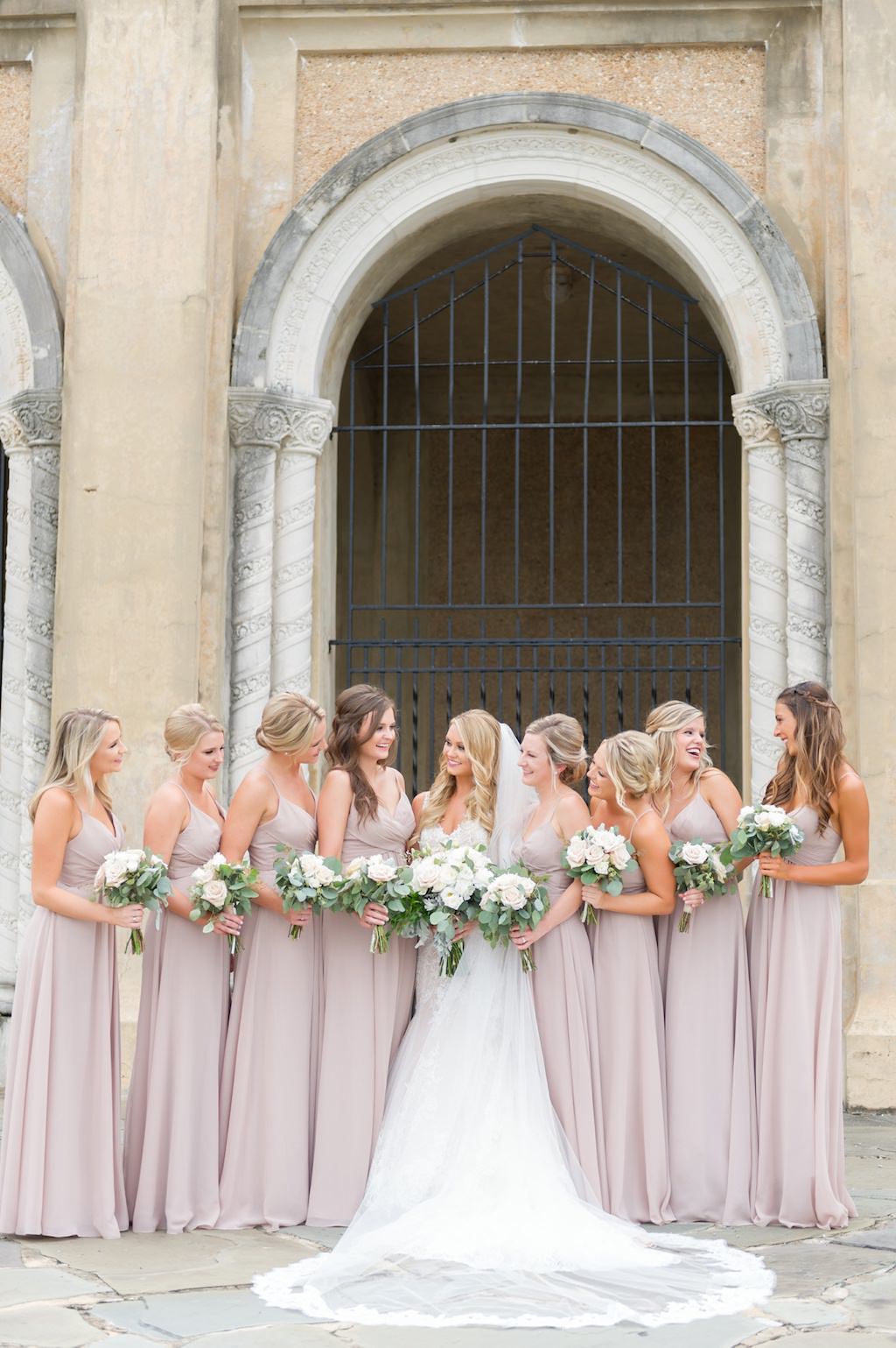 Outdoor Bride and Bridesmaids Wedding Portrait, Bridesmaids in Vintage Rose Matching Dresses and White Rose and Greenery Bouquets | Tampa Bay Photographer Andi Diamond Photography | Hair and Makeup Michele Renee the Studio