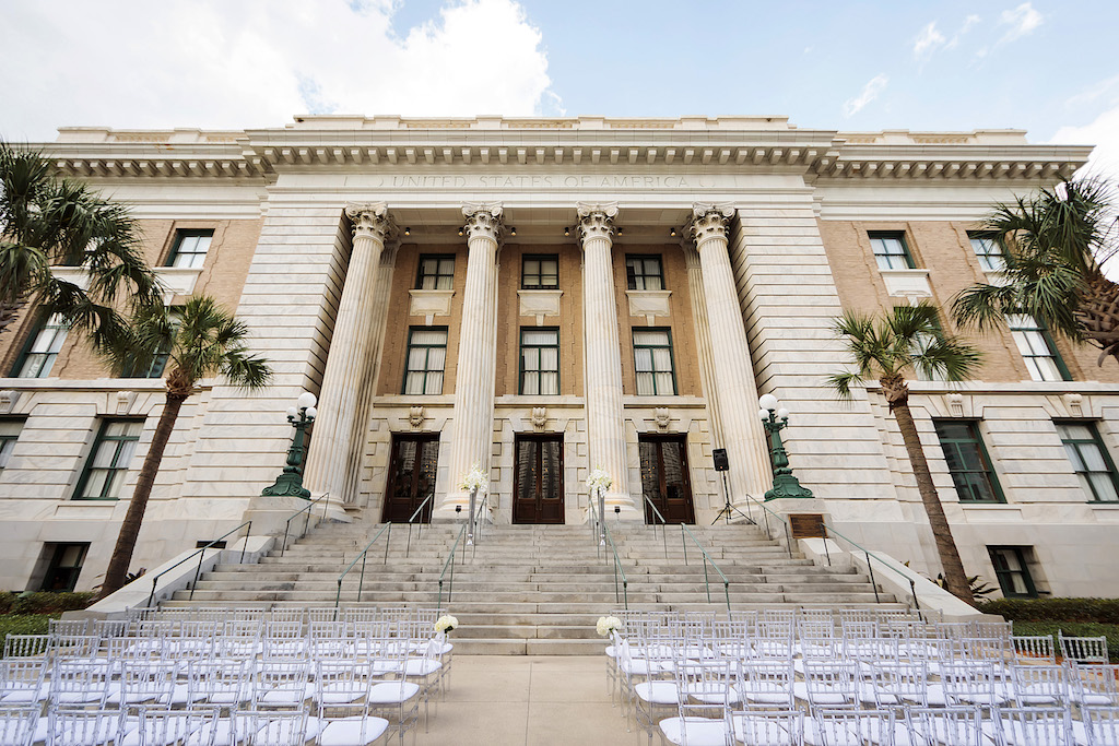 Wedding Ceremony Decor, Clear Acrylic Chiavari Chairs with White Cushions at Historic Downtown Tampa Hotel Wedding Venue Le Meridien | Chairs Kate Ryan Event Rentals