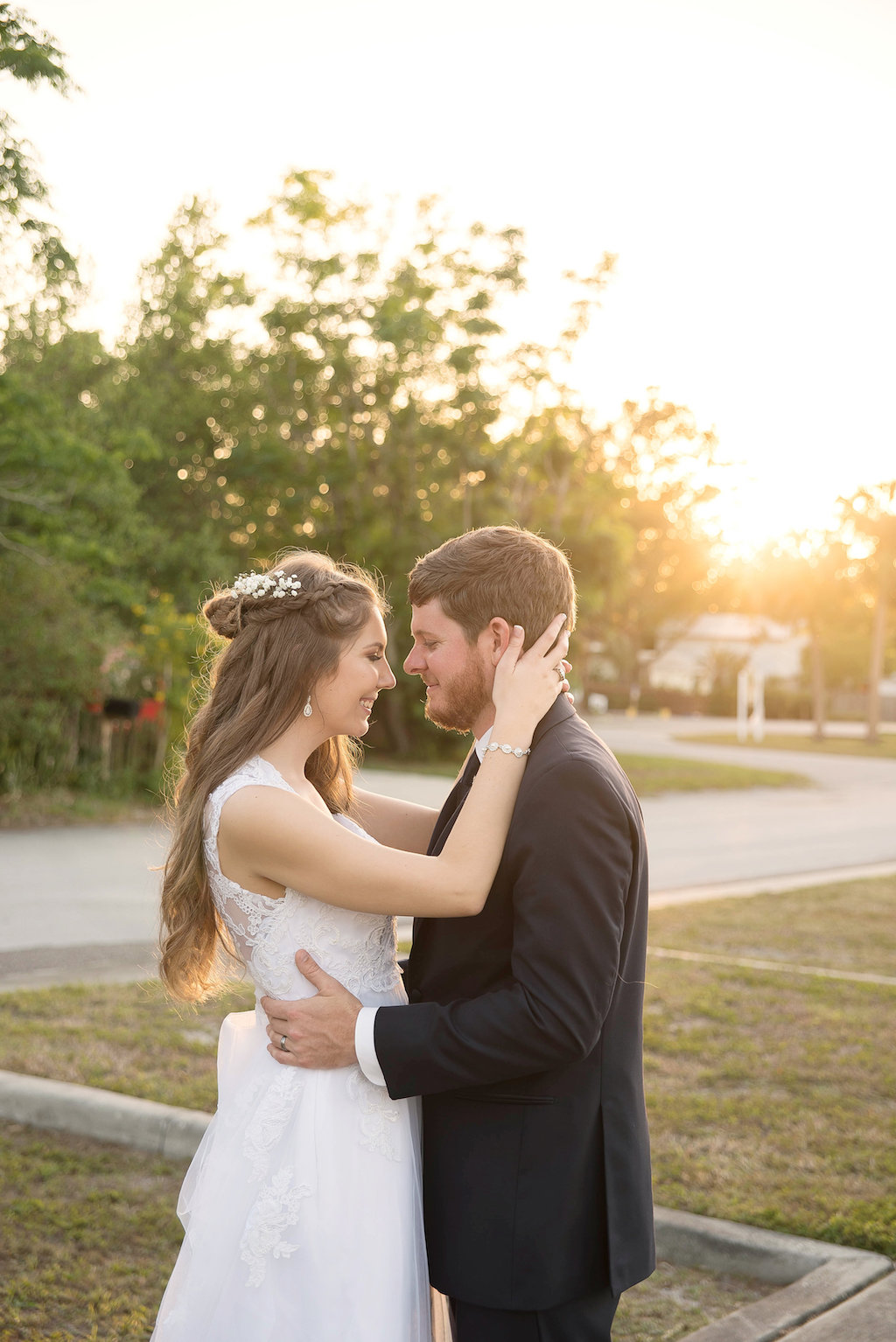 Outdoor Sunset Bride and Groom Wedding Portrait, Bride in A-Line Lace and Cap Sleeve Wedding Dress, Groom in Navy Blue Suit | Tampa Bay Photographer Kristen Marie Photography