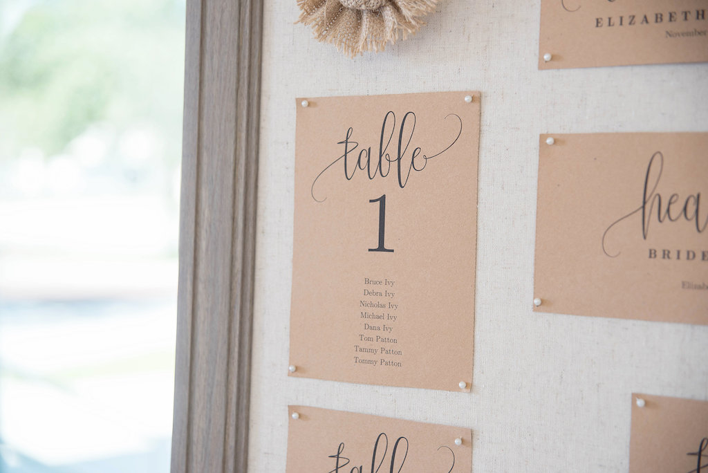 Rustic Wedding Reception Decor, Table Number Signs on Kraft Paper on Pushpin Board | Tampa Bay Photographer Kristen Marie Photography