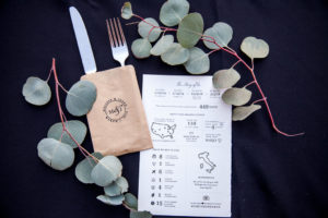 Custom Wedding Program on White Cardstock, Silver Dollar Eucalyptus, Custom Brown Bags with Silverware