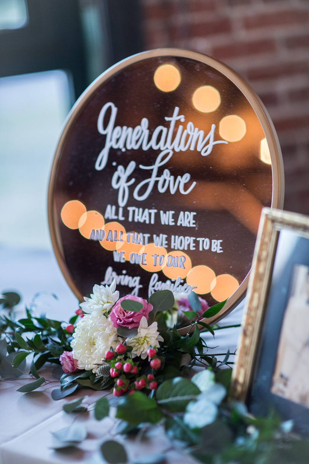 Wedding Reception Decor, Custom Wedding Sign on Round Mirror with White, Pink and Greenery Florals
