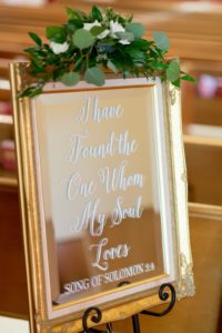 Wedding Ceremony Decor, Welcome Sign on Mirror with Vintage Gold Frame and Greenery | Tampa Bay Photographer Andi Diamond Photography