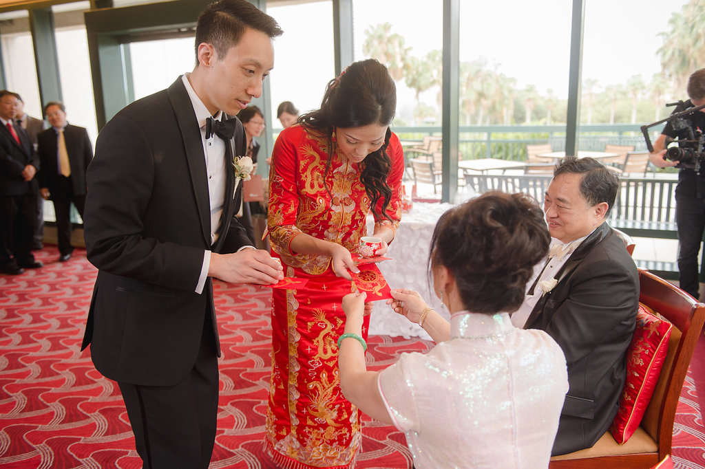 Traditional Chinese Wedding Tea Reception with Parents, Bride in Red and Gold Kimono, Groom in Black Tuxedo | Tampa Bay Photographer Marc Edwards Photography