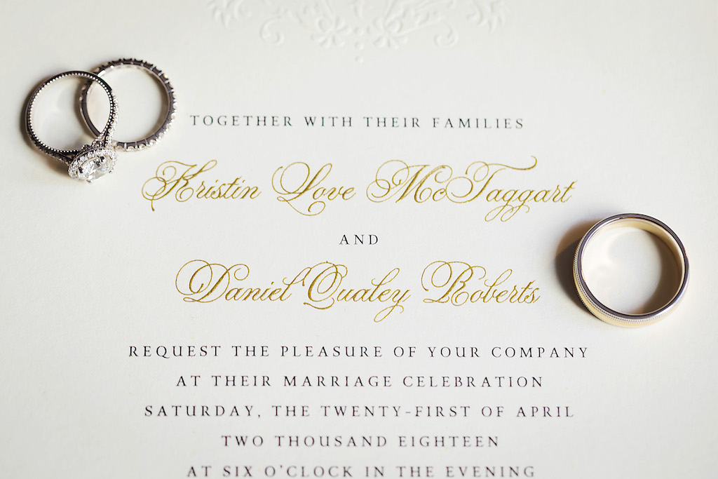 Modern Elegant Wedding Invitation with Gold Calligraphy, Round Diamond Halo Engagement Ring and Wedding Rings