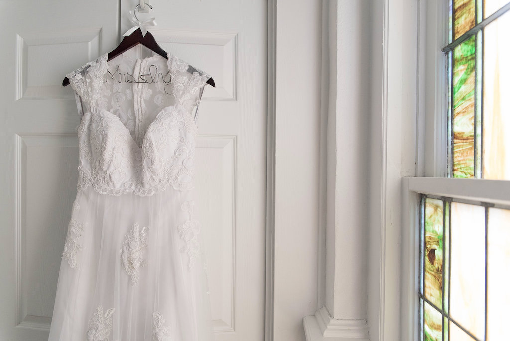 A-Line Lace Wedding Dress Lace Cap Sleeves on Personalized Hanger | Tampa Bay Photographer Kristen Marie Photography