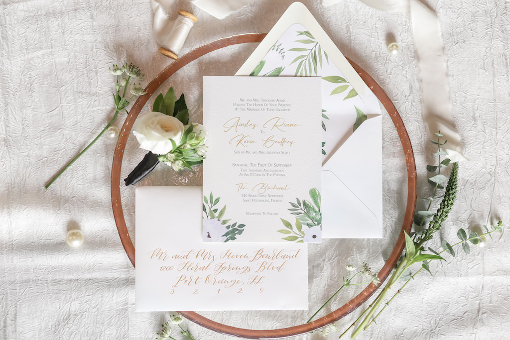 Elegant Modern Bohemian Inspired White with Gold Script, Hand Painted Anemones and Greenery Wedding Invitations on Circular Accessory with Real White Rose and Greenery Florals | Tampa Bay Photographer Lifelong Photography Studios | Stationary Sarah Bubar Designs | Florist Cotton & Magnolia | Planner Parties A'La Carte
