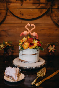 One Tier Semi Naked Wedding Cake with Tropical Yellow, Red and Greenery and Flamingo Cake Topper | Tampa Bay Photographer Rad Red Creative | Wedding Cake Alessi Bakery