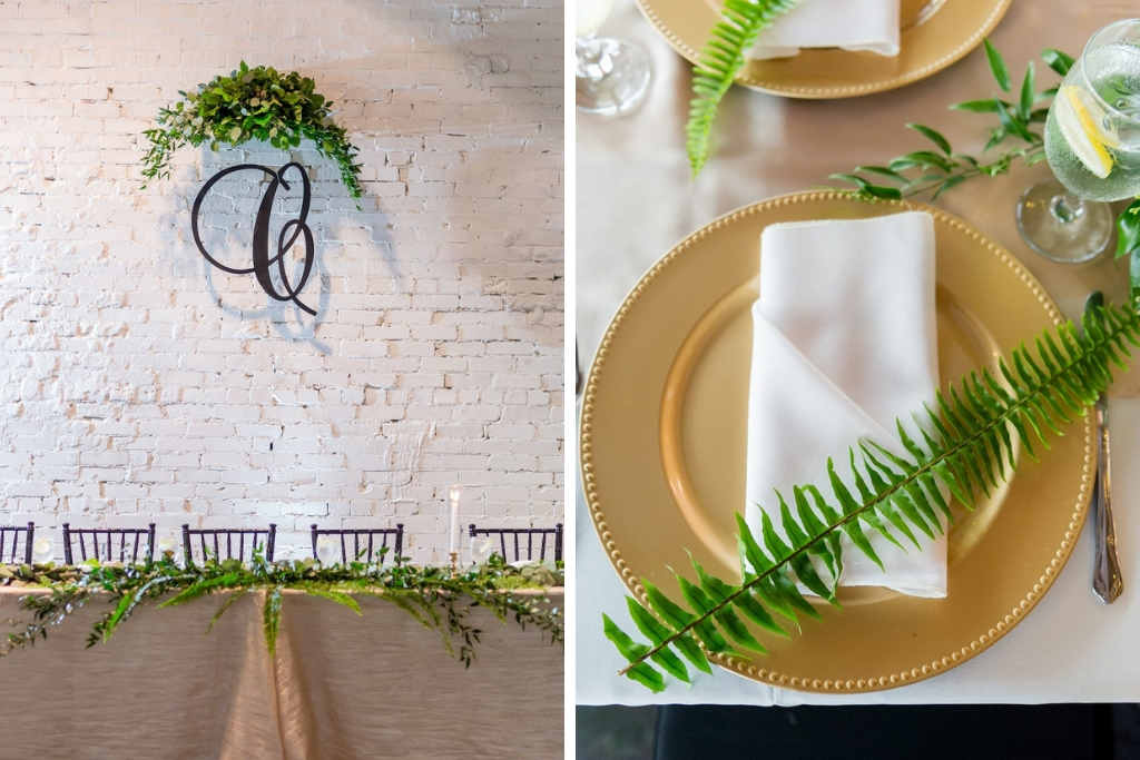Wedding Reception Decor, Gold Chargers with White Linen and Leaf, Long Feasting Table with Gold Tablecloth and Greenery, Laser Cut Initial Hanging on Wall with Greenery Bouquet | Tampa Bay Photographer Andi Diamond Photography | Rentals A Chair Affair | Lakeland Venue Haus 820