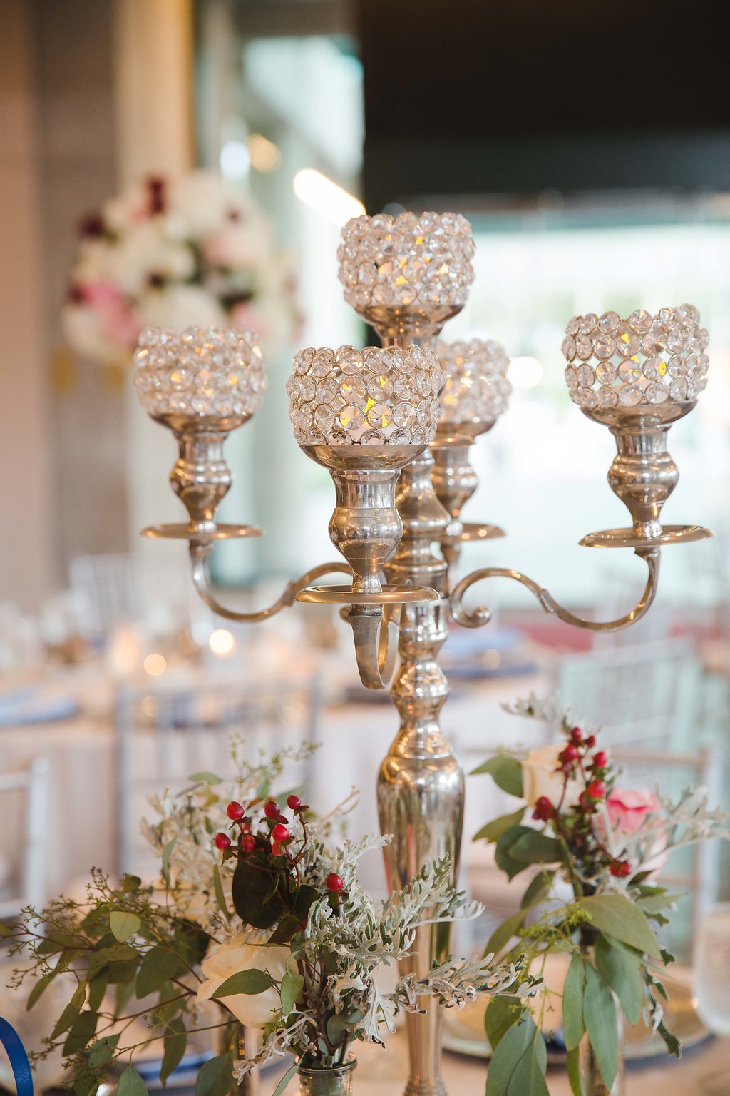 Wedding Reception Decor, Silver and Crystal Candlestick Holder, Greenery and Red Flowers | Tampa Bay Photographer Marc Edwards Photography