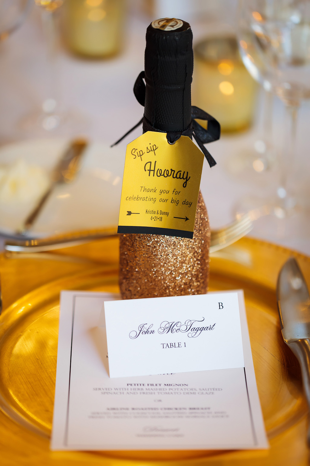 Wedding Reception Decor, Mini Gold Glitter Champagne Bottle Wedding Favor, Traditional Escort Card and Gold Charger | Tampa Rentals Kate Ryan Linens