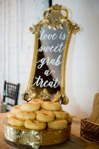 Wedding Reception Dessert Table with Custom Sign on Mirror and Vintage Gold Frame, Wedding Donuts on Gold Stand | Tampa Bay Photographer Andi Diamond Photography | Caterer Olympia Catering