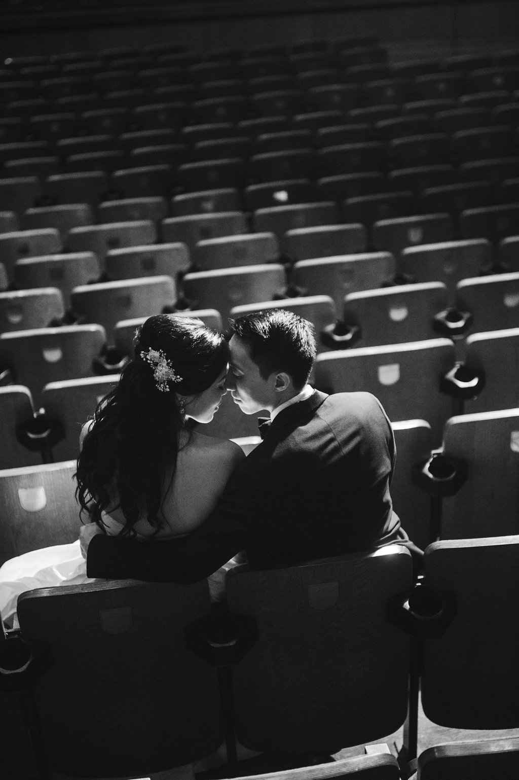 Bride and Groom Black and White Wedding Portrait Sitting in Theater | Tampa Bay Photographer Marc Edwards Photographs | Unique Downtown Tampa Wedding Venue The Straz Center