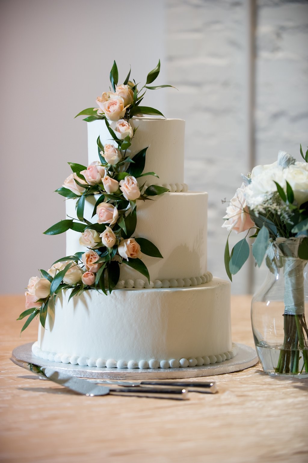Three Tier White Wedding Cake with Cascading Blush Pink Roses and Greenery | Tampa Bay Photographer Andi Diamond Photography
