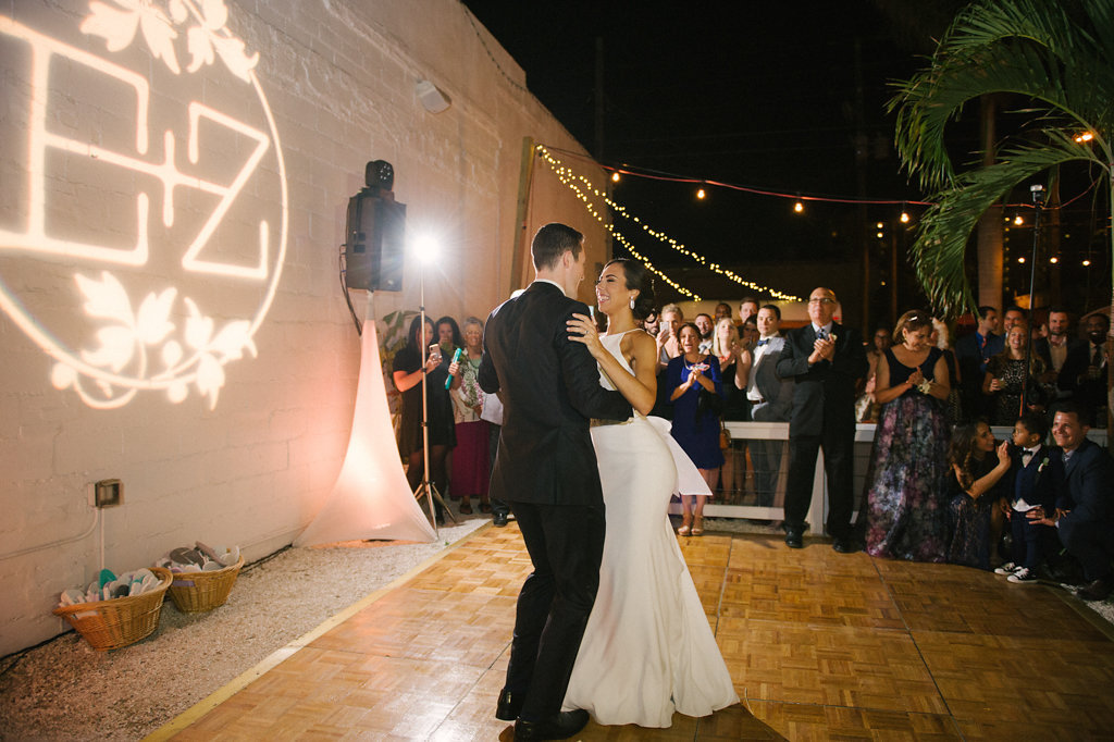 Outdoor Bride and Groom First Dance Wedding Portrait, Custom Monogram Projection | Unique St. Petersburg Venue Intermezzo Coffee and Cocktails