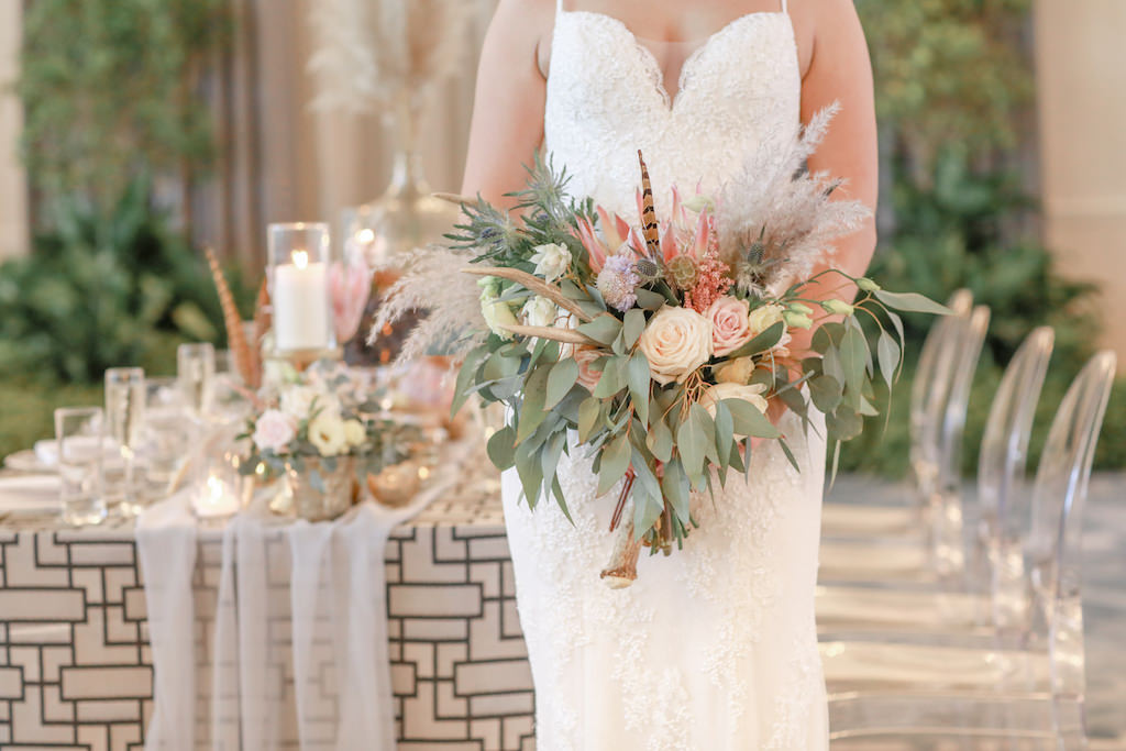 Bride Portrait in Lace and Illusion V Neck Strappy and Fitted Wedding Dress with Ivory Rose, Greenery and Lilac Floral Bouquet | St. Petersburg Photographer Lifelong Photography Studios | Tampa Bay Wedding Dress Shop Truly Forever Bridal