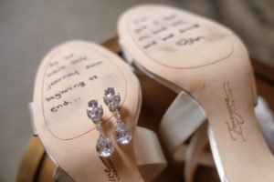 White-Ivory Open Toed Wedding Shoes with Note from Groom, Crystal Chandelier Earrings | Tampa Bay Photographer Marc Edwards Photography