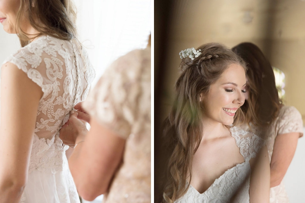 Bride Getting Ready Portrait in Lace Cap Sleeve Weding Dress and Braided Wavy Hairstyle | Tampa Bay Photographer Kristen Marie Photography