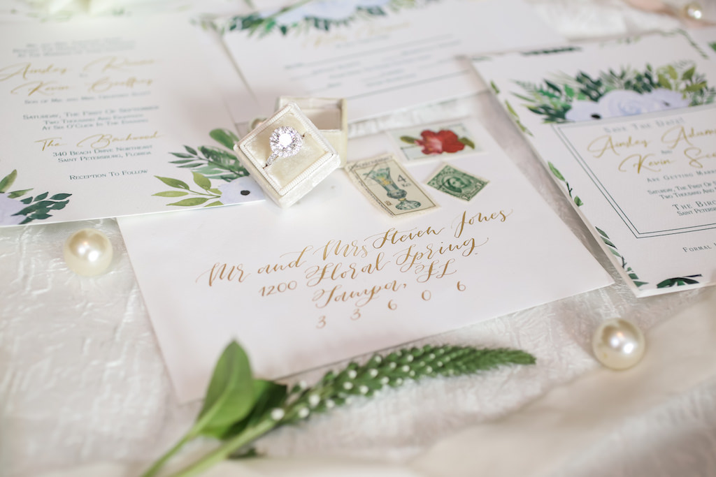 Round Diamond Engagement Ring in White Velvet Ring Box on Wedding Invitation Envelope | Tampa Bay Photographer Lifelong Photography Studios | Stationary and Invitations Sarah Bubar Designs | Planner Parties A'La Carte