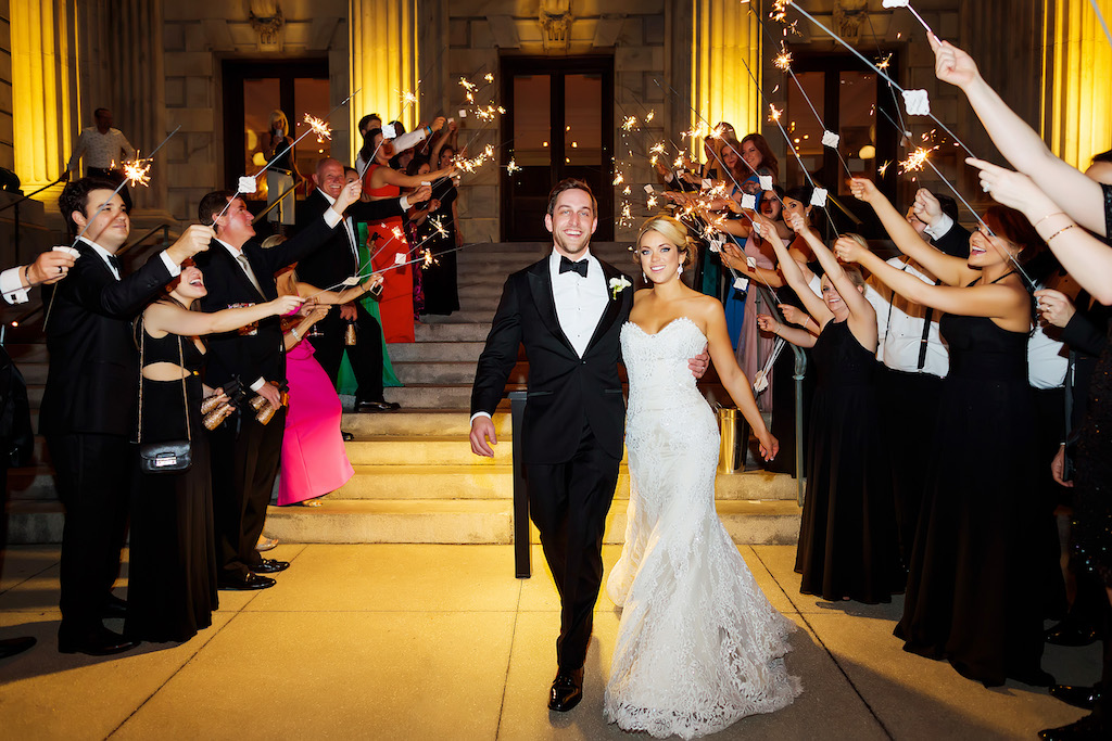 Bride and Groom Sparkler Exit Wedding Portrait | Historic Downtown Tampa Wedding Venue Le Meridien