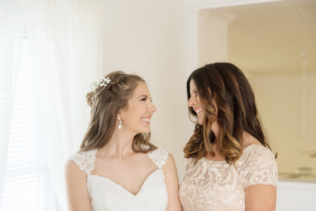 Bride Getting Ready Portrait in Lace Cap Sleeve Weding Dress and Braided Wavy Hairstyle and Mother of the Bride | Tampa Bay Photographer Kristen Marie Photography