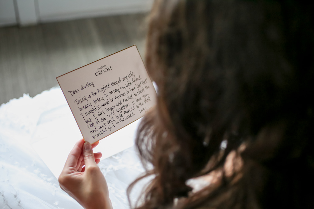 Bride Reading Note/Letter From Groom on Wedding Day | Tampa Bay Photographer Lifelong Photography Studios | Stationary Sarah Bubar Designs