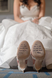 Bridal Portrait with White-Ivory Open Toed Wedding Shoes with Note from Groom, Crystal Chandelier Earrings | Tampa Bay Photographer Marc Edwards Photography