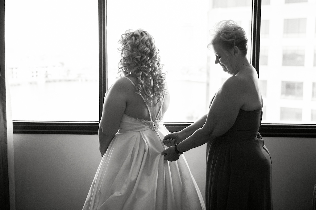Bride Getting Ready Portrait with Mom, Bride in Satin Ballgown Wedding Dress with Straps and Rhinestone Beading | Tampa Bay Photographer Andi Diamond Photography