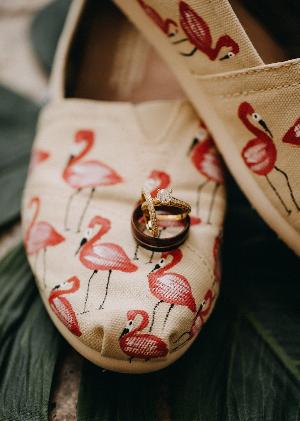 Tropical Flamingo Painted and Burlap Close Toed Flats with Wedding Rings | Tampa Bay Photographer Rad Red Creative