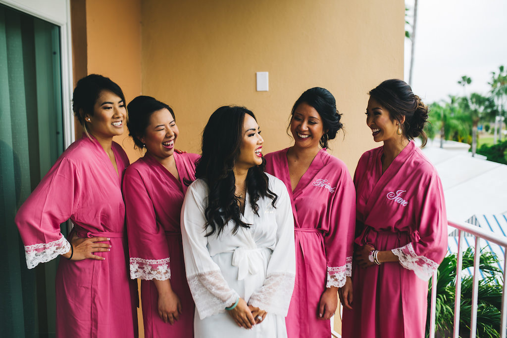 Bride and Bridesmaids Getting Ready Portrait, Bridesmaids in Hot Pink Personalized Silk Robes | Tampa Bay Hair and Makeup Michele Renee the Studio