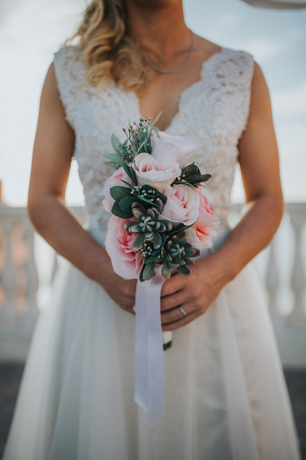 Bride Wedding Portrait with Blush Pink, Succulent and Greenery Bouquet, Lace Tank Top V Neckline A Line Wedding Dress