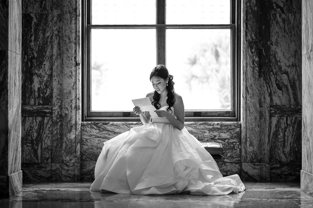 Bride Reading Letter from Groom, Ballgown Sweetheart Strapless Wedding Dress with Rhinestone Belt | Tampa Bay Photographer Marc Edwards Photographs | Tampa Venue Le Meridien