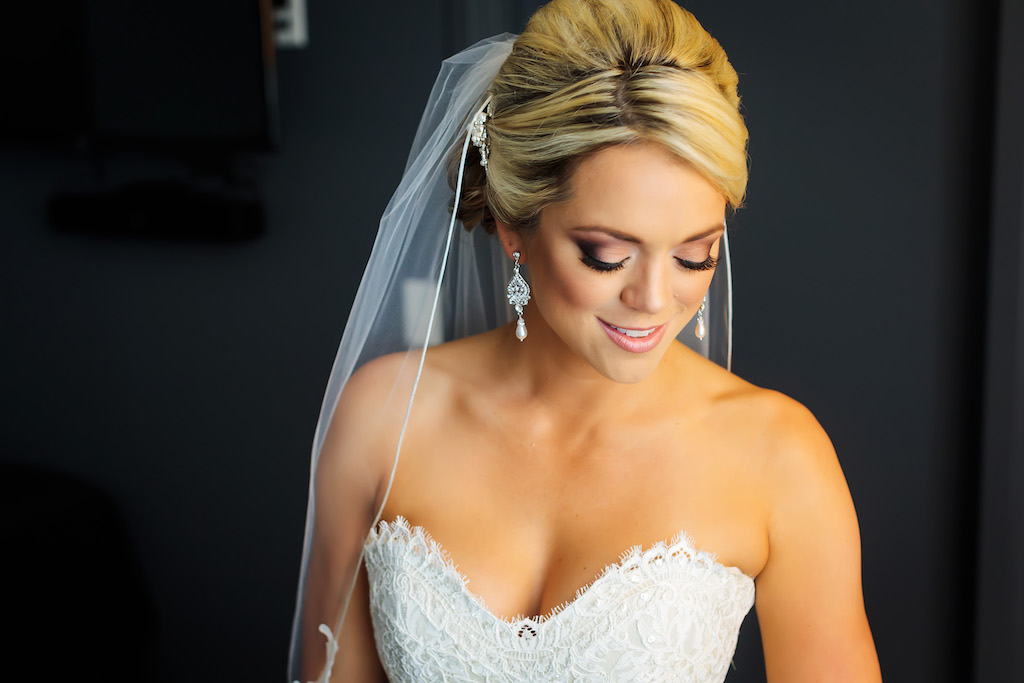 Bride Wedding Portrait with Updo, Lace Sweetheart Strapless Wedding Dress and Veil