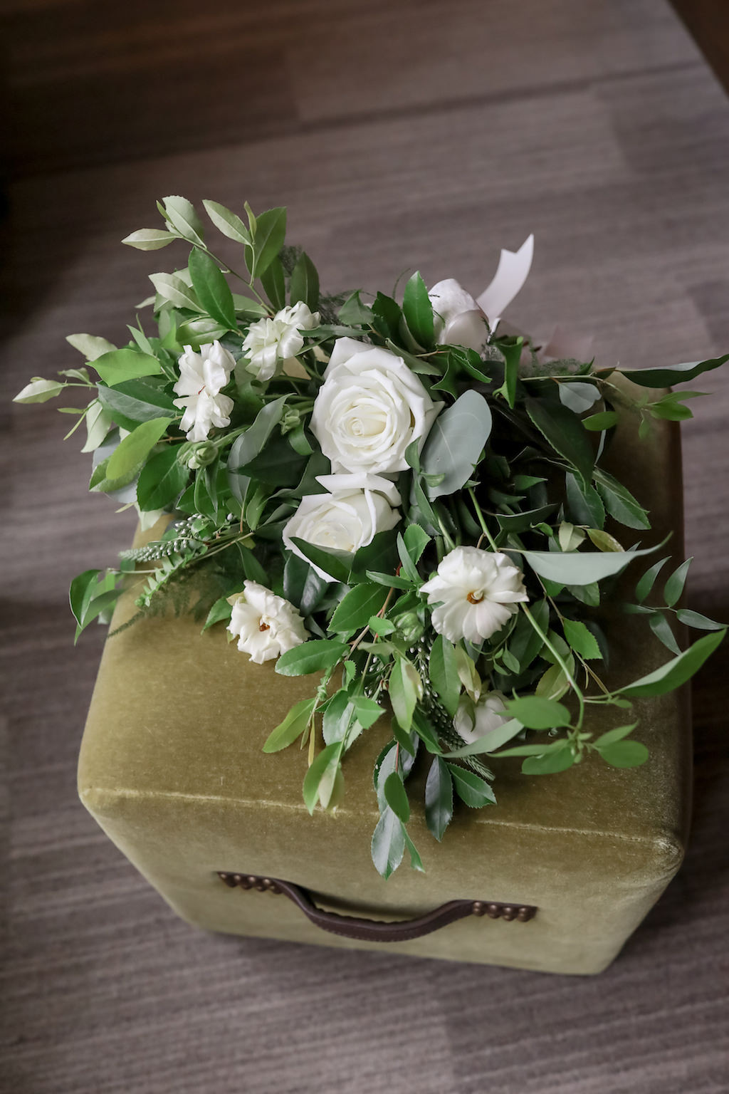 White Roses, Daisies and Greenery Wedding Floral Bouquet on Velvet Green Box | Tampa Bay Photographer Lifelong Photography Studios | Wedding Planner Parties A'La Carte | Florist Cotton and Magnolia