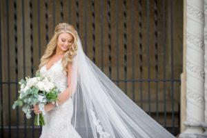 Outdoor Bride Wedding Portrait in Illusion Lace Tank Top Strap V Neckline Fit and Flare Wedding Dress with Cathedral Length Veil and White Rose and Greenery Bouquet | Tampa Bay Photographer Andi Diamond Photography | Hair and Makeup Michele Renee the Studio