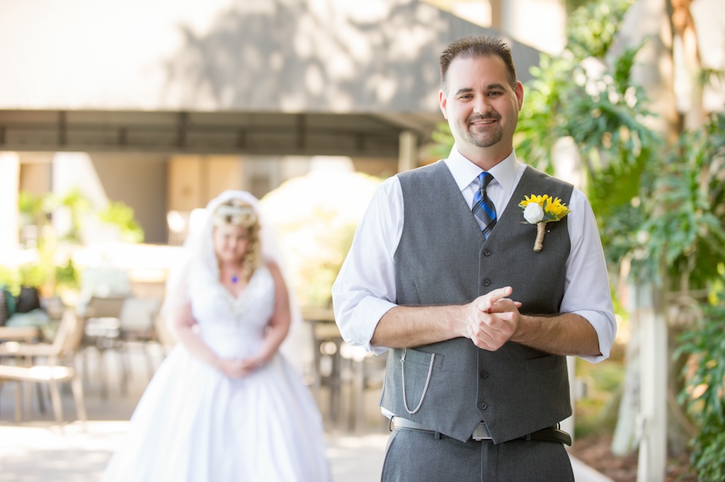 Outdoor Bride and Groom First Look Wedding Portrait, Groom in Grey Vest, Blue Plaid Tie and Sunflower and White Rose Boutonniere | Tampa Bay Photographer Andi Diamond Photography