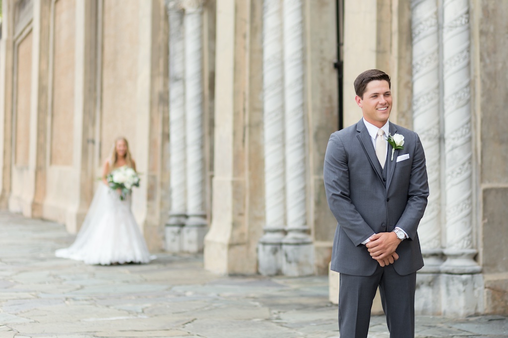 Outdoor First Look Wedding Portrait, Groom in Grey Suit with White Rose Boutonniere | Tampa Bay Photographer Andi Diamond Photography