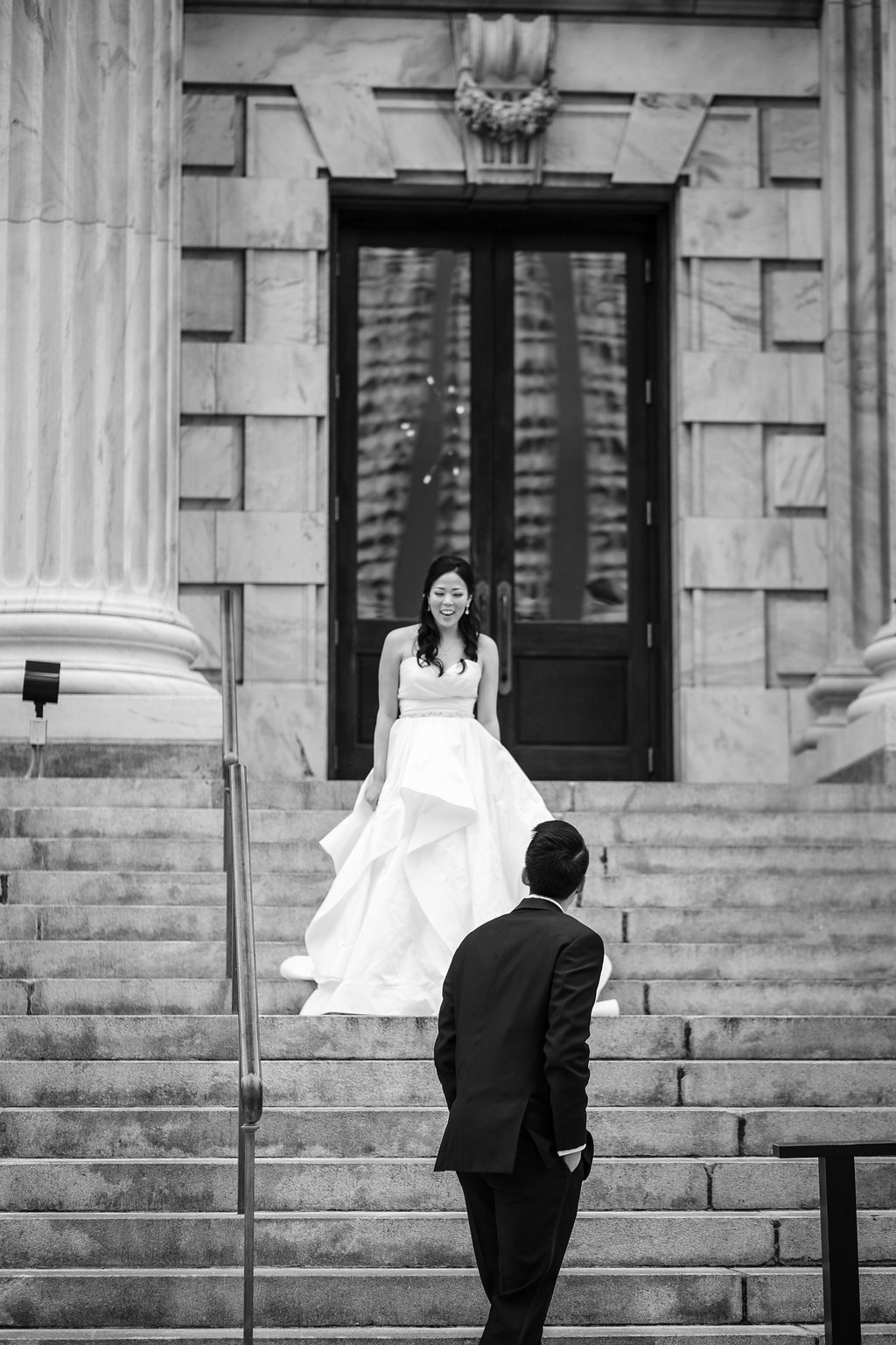 Outdoor Bride and Groom Wedding Portrait on the Stairs at Tampa Venue Le Meridien | Tampa Bay Photographer Marc Edwards Photography