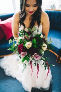 Bride Wedding Portrait with Greenery, Red, Ivory, Pink Floral Bouquet | Tampa Bay Hair and Makeup Michele Renee the Studio