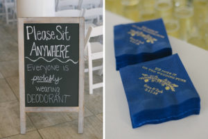 Wedding Ceremony Custom Chalkboard Sign and Navy Blue and Gold Font Custom Napkins