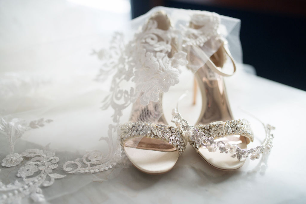 Crystal Rhinestone Embellished Open Toe Strappy Ivory Wedding Shoes, Rhinestone and Pearl Headband and Lace Veil | Tampa Bay Wedding Photographer Kristen Marie Photography