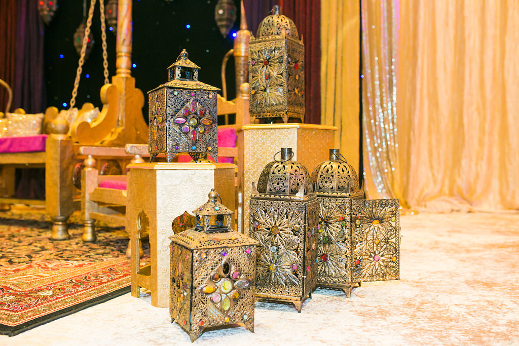 Glamorous Indian Wedding Decor, Gold Lanterns with Colorful Jewels and Gold Pedestals