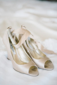 Champagne Peep Toe Wedge Heel Satin and Rhinestone Strap Wedding Shoes | Tampa Bay Photographer Kera Photography
